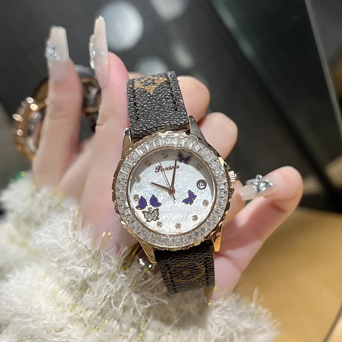 Women's Red Crystal Watch with Flywheel Design