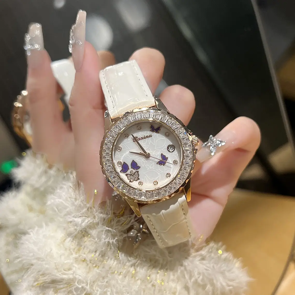 Women's Red Crystal Watch with Flywheel Design