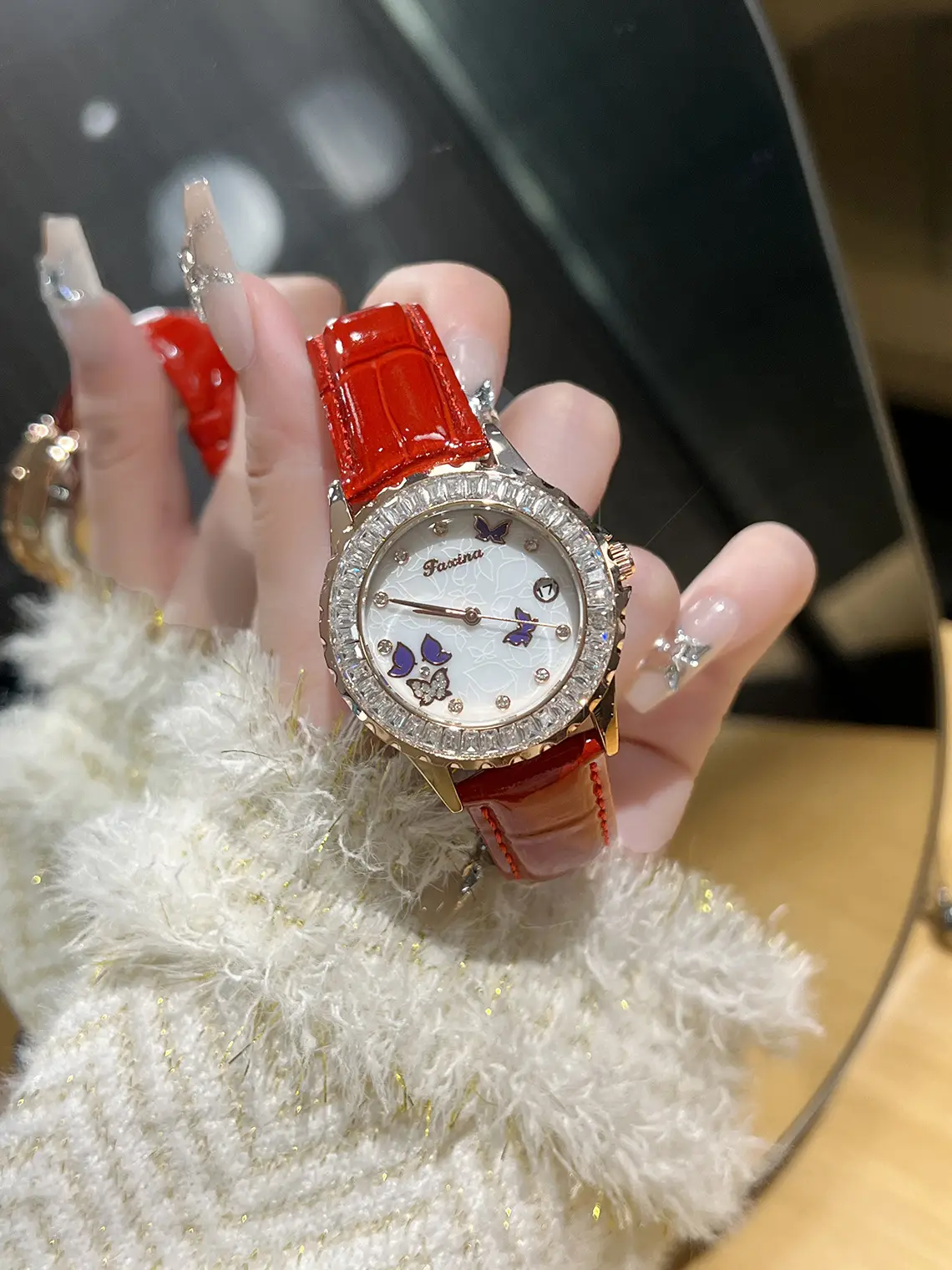 Women's Red Crystal Watch with Flywheel Design — feature 10
