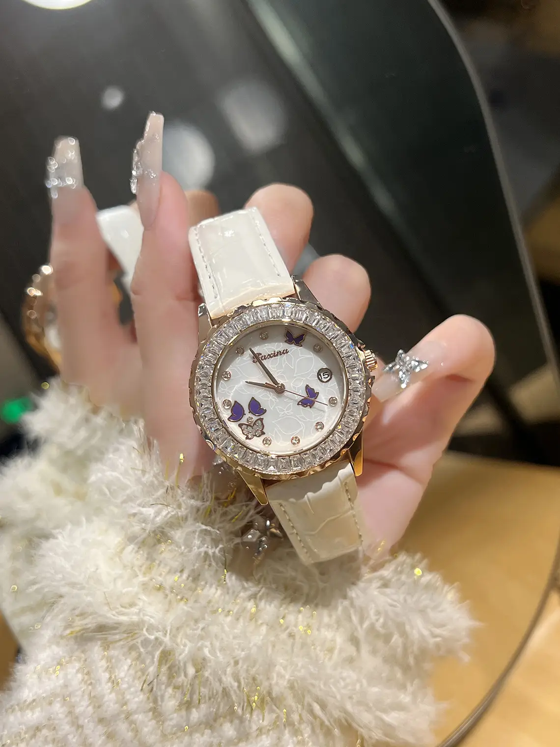 Women's Red Crystal Watch with Flywheel Design