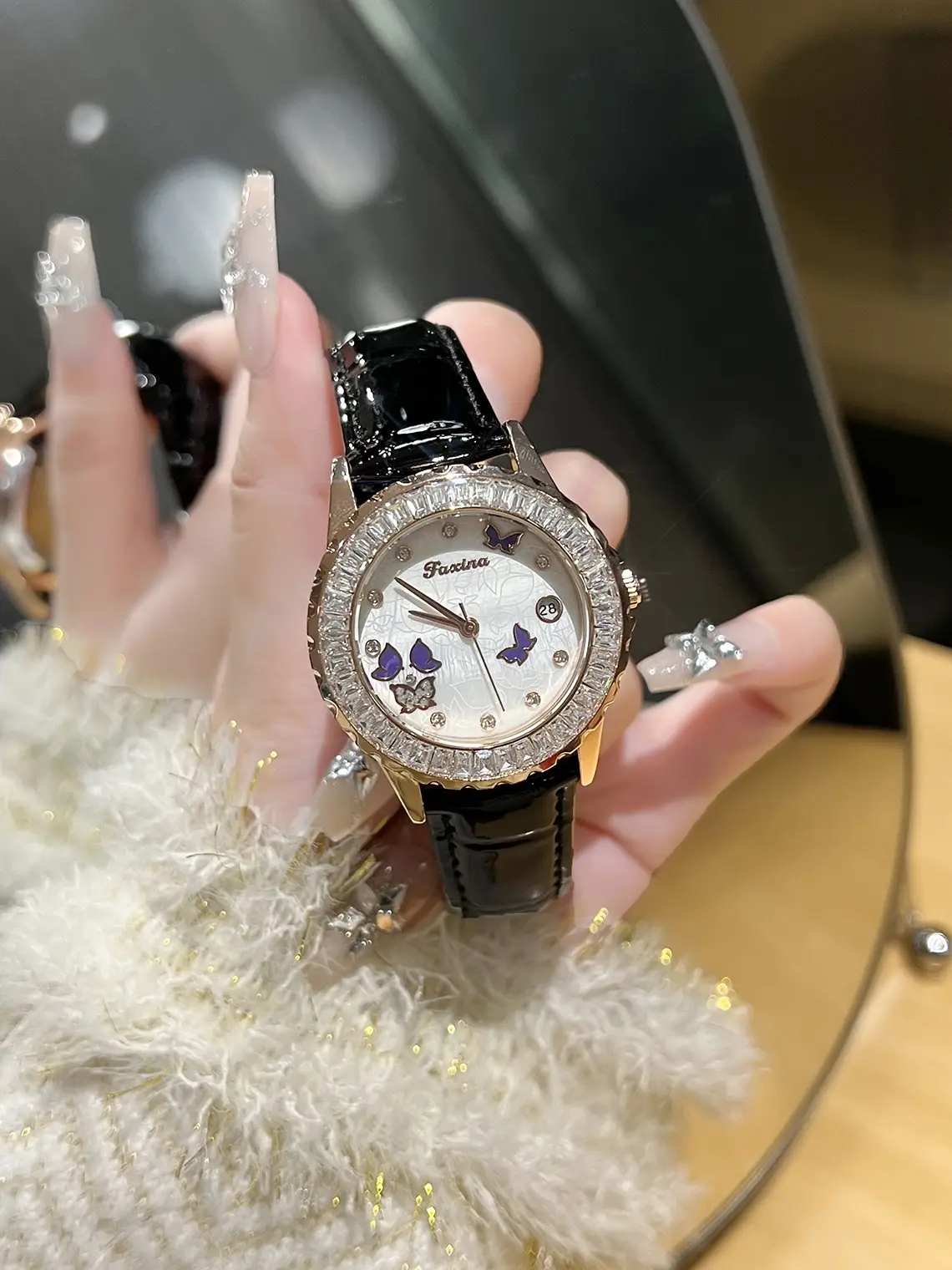 Women's Red Crystal Watch with Flywheel Design