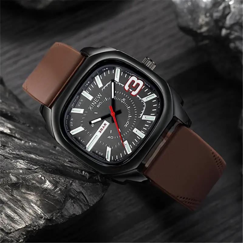 Men's Black Square Quartz Watch with Brown Silicone Band - Image 5