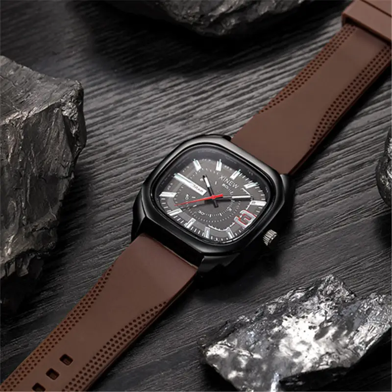 Men's Black Square Quartz Watch with Brown Silicone Band - Image 6