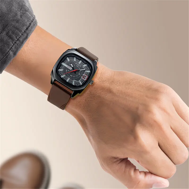 Men's Black Square Quartz Watch with Brown Silicone Band - Image 7
