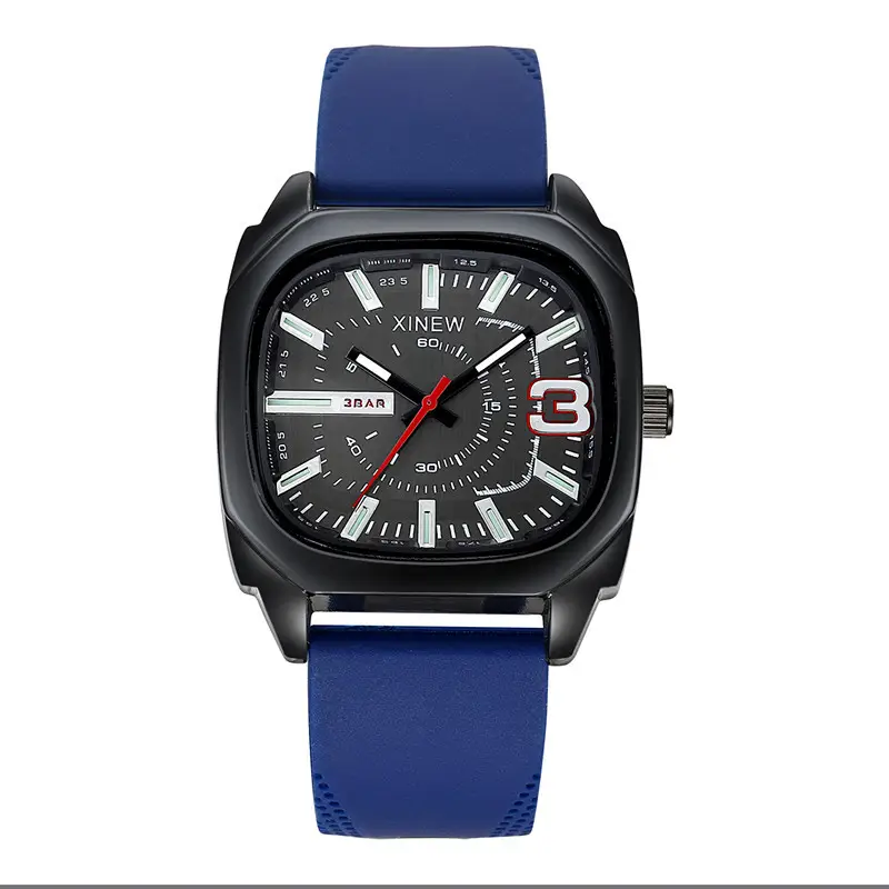 Men's Black Square Quartz Watch with Brown Silicone Band - Image 2