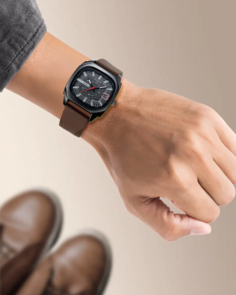 Men's Black Square Quartz Watch with Brown Silicone Band — feature 10