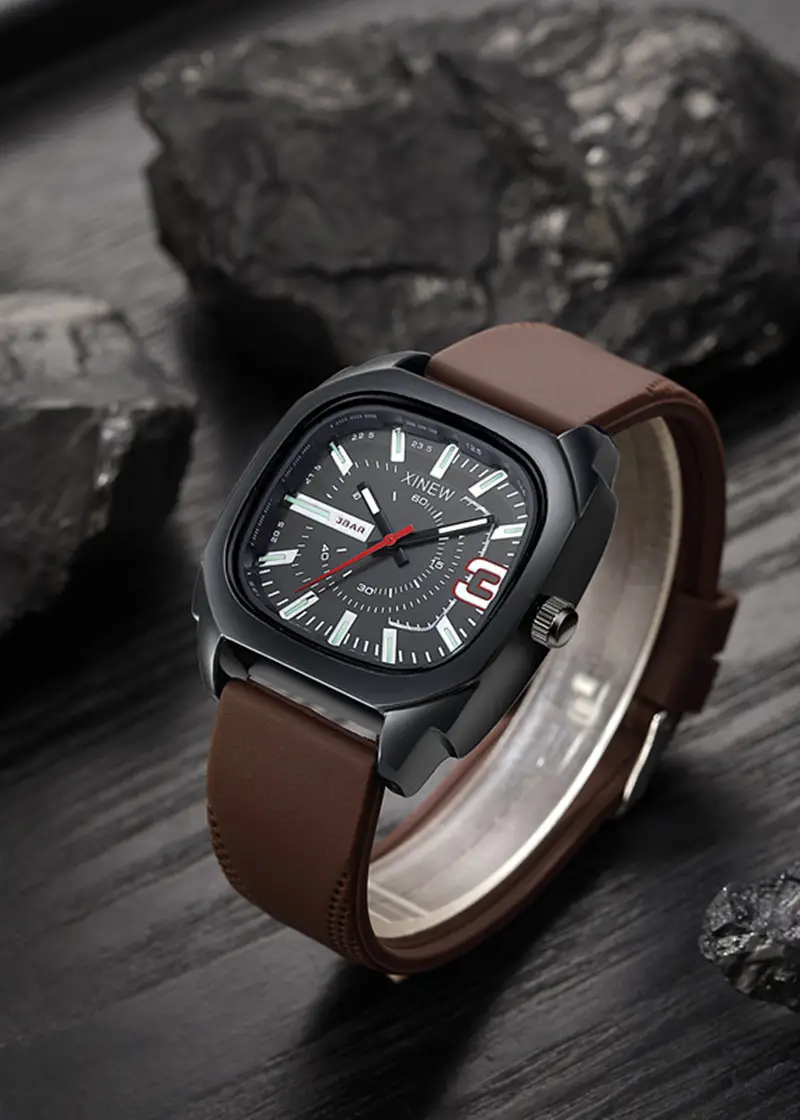 Men's Black Square Quartz Watch with Brown Silicone Band — feature 11