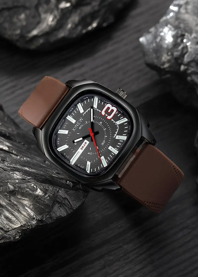 Men's Black Square Quartz Watch with Brown Silicone Band — feature 12