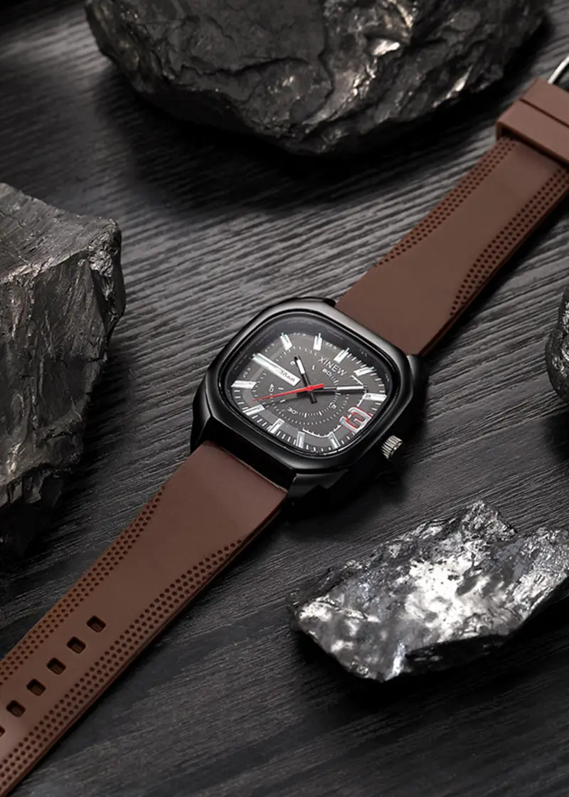 Men's Black Square Quartz Watch with Brown Silicone Band — feature 13