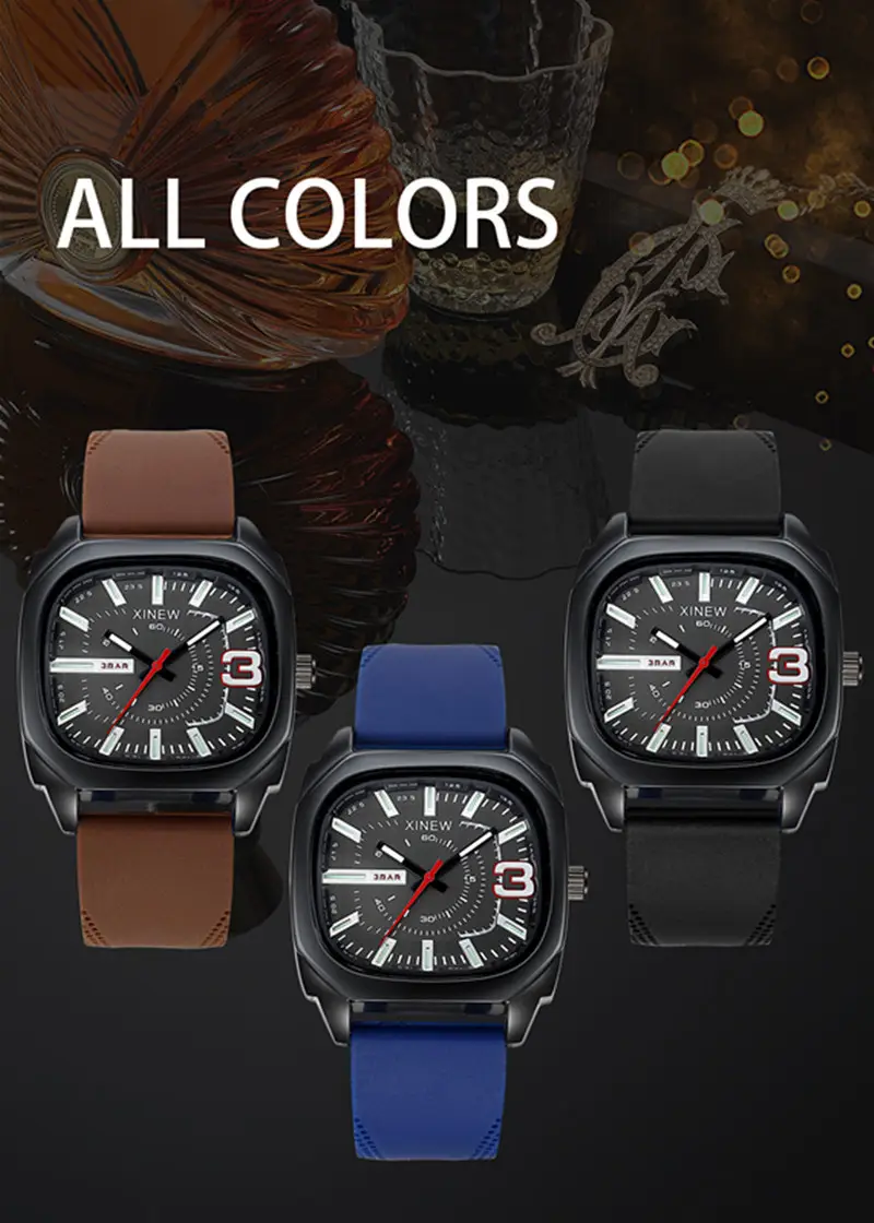 Men's Black Square Quartz Watch with Brown Silicone Band — feature 14