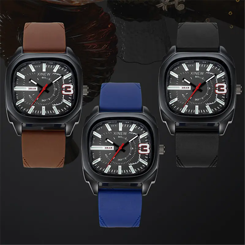 Men's Black Square Quartz Watch with Brown Silicone Band — feature 5