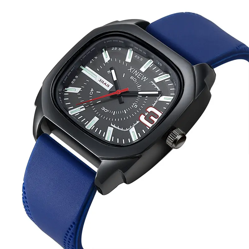 Men's Black Square Quartz Watch with Brown Silicone Band — feature 9