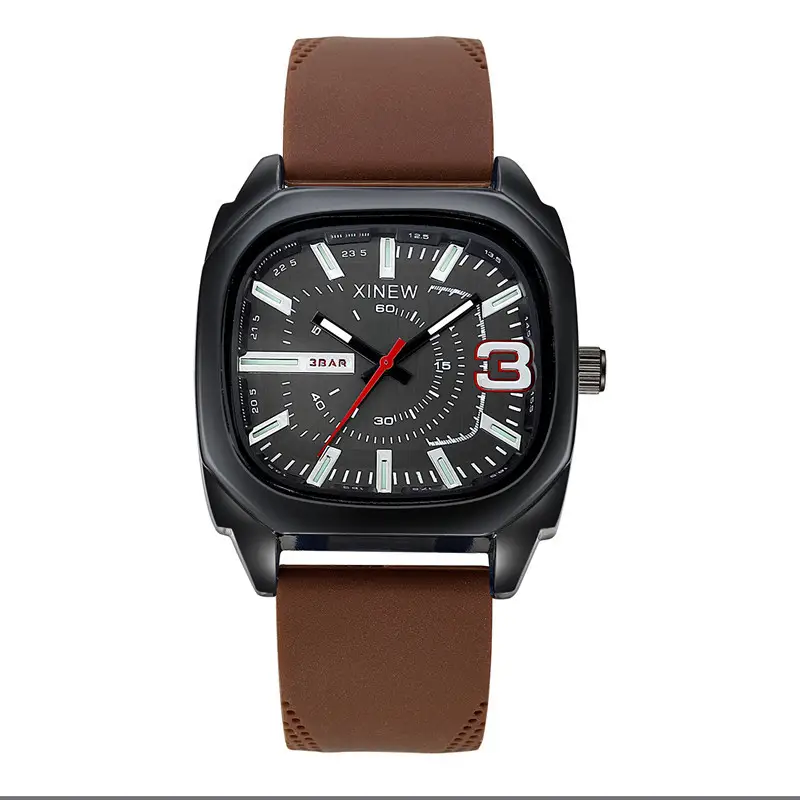 Men's Black Square Quartz Watch with Brown Silicone Band - Image 3