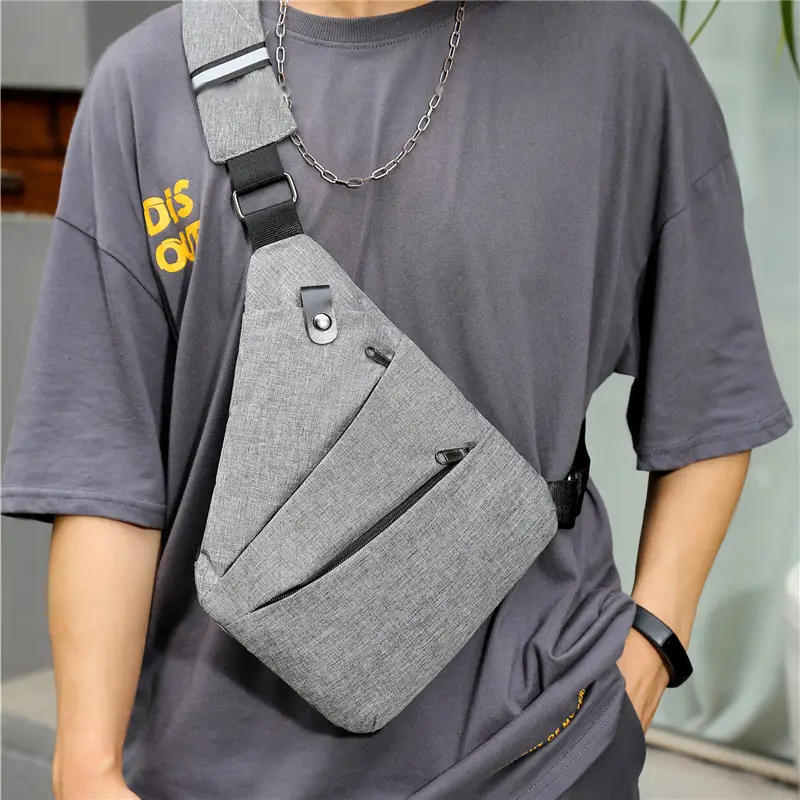Men's Grey Crossbody Chest Bag Multi-Compartment Travel Messenger - Image 4