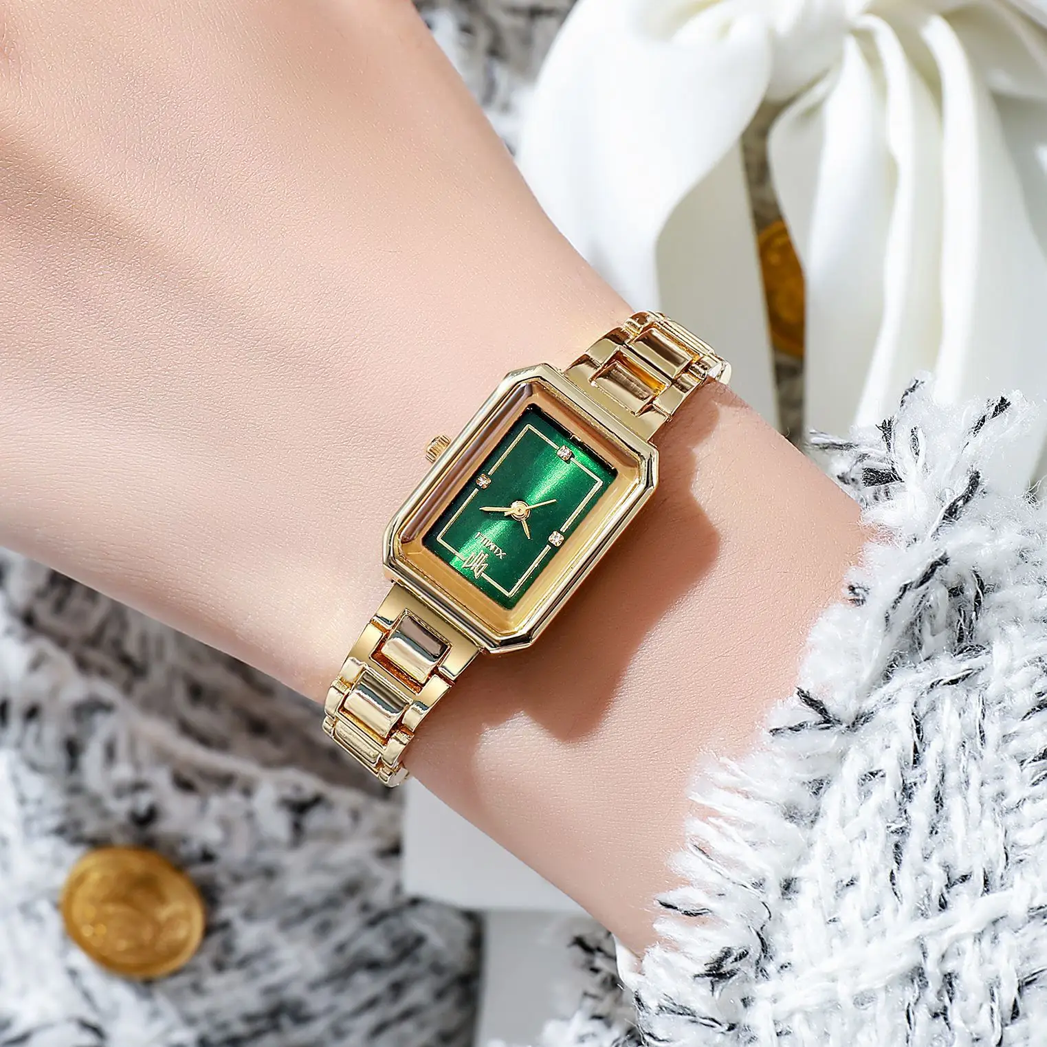 Women's Rectangular Steel Belt Watch with Diamond Face