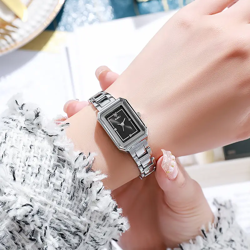 Women's Rectangular Steel Belt Watch with Diamond Face