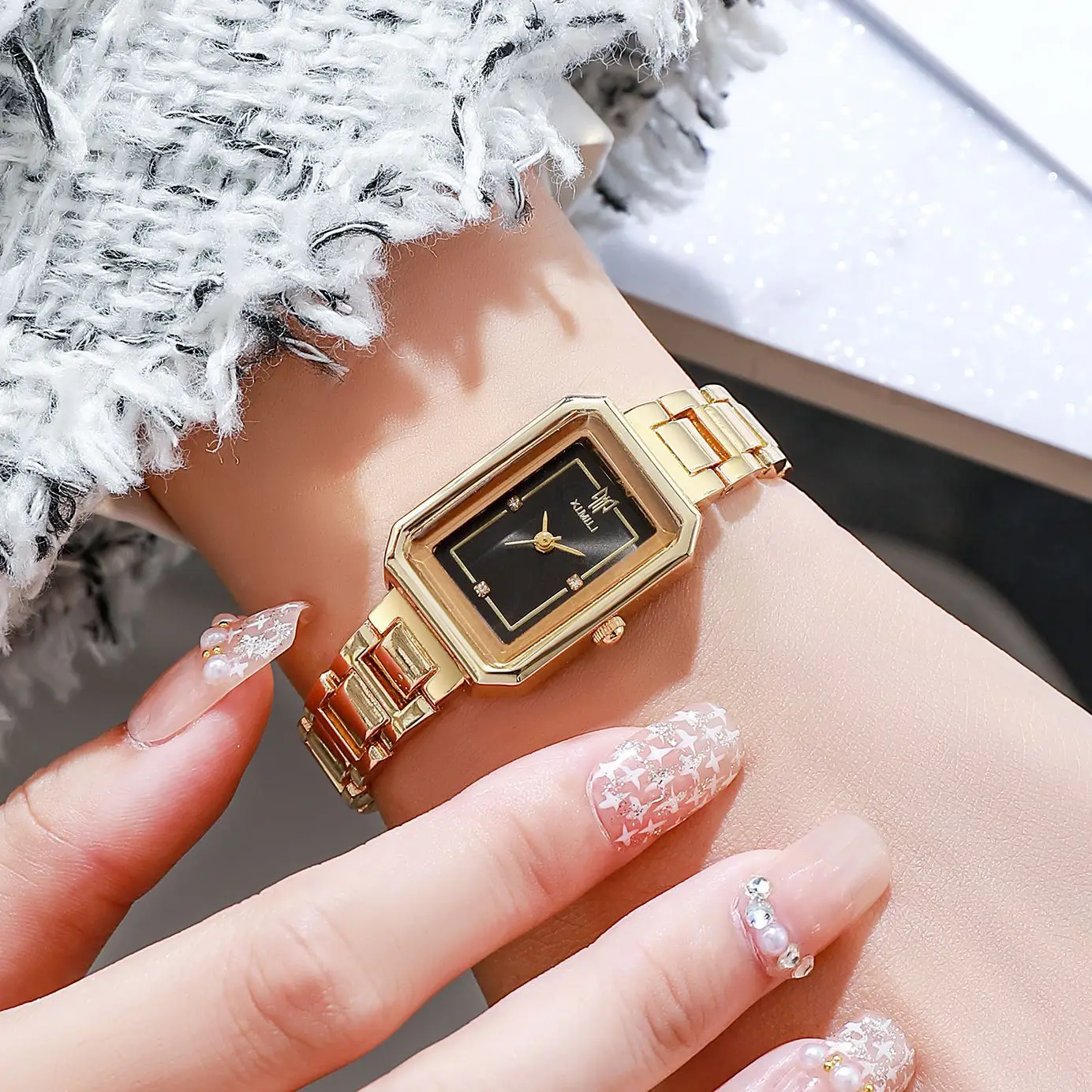 Women's Rectangular Steel Belt Watch with Diamond Face
