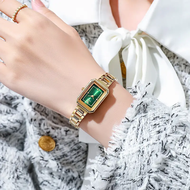 Women's Rectangular Steel Belt Watch with Diamond Face