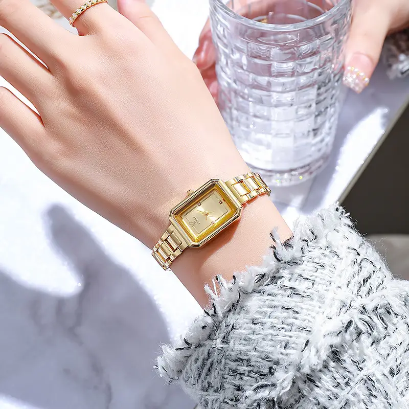 Women's Rectangular Steel Belt Watch with Diamond Face