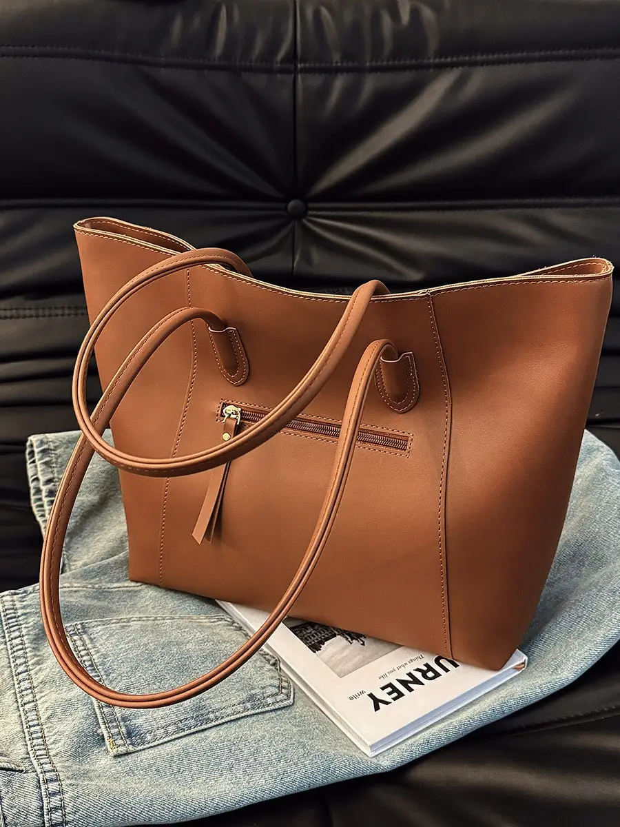 Women Large Capacity Tan Leather Tote Bag - Image 9