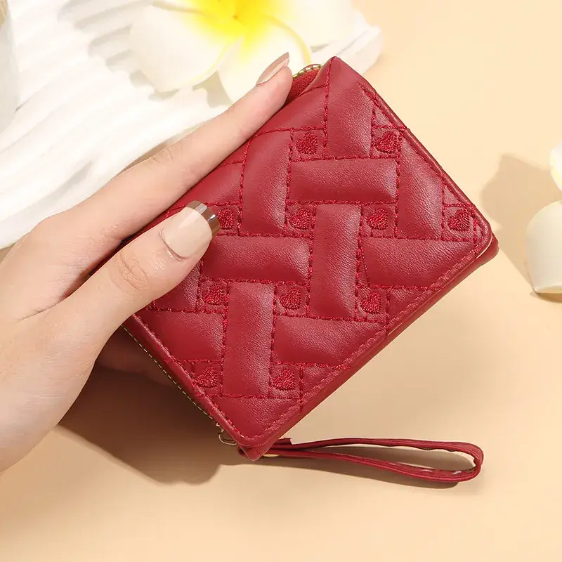 2025 Women's Red Quilted PU Wallet with Card Holder