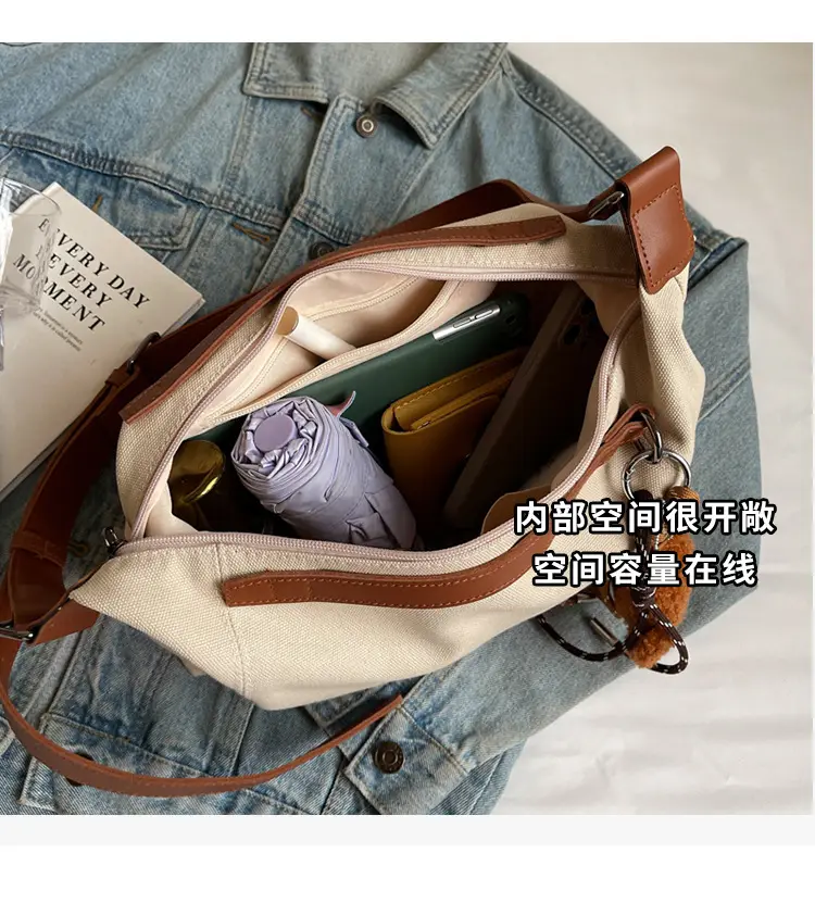Large Capacity Contrast Color Handbag Women's Canvas Crossbody Bag — feature 10