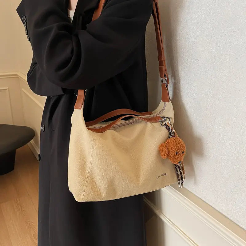 Large Capacity Contrast Color Handbag Women's Canvas Crossbody Bag - Image 2