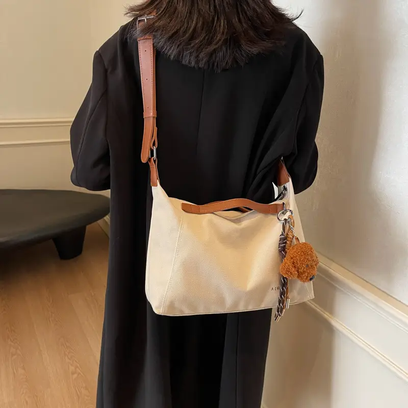 Large Capacity Contrast Color Handbag Women's Canvas Crossbody Bag - Image 4