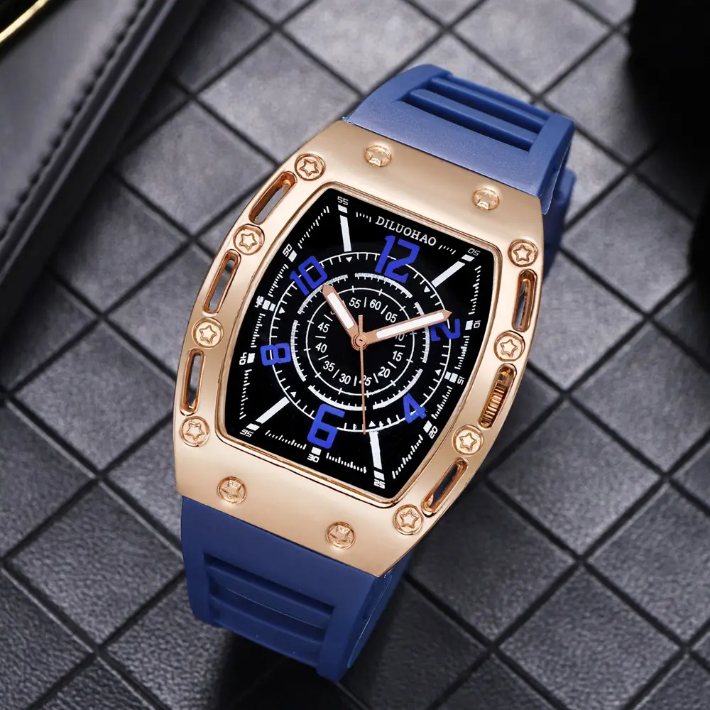 Luxury Quartz Men's Watch Set with Gold, Blue & Brown Silicone Bands — feature 2
