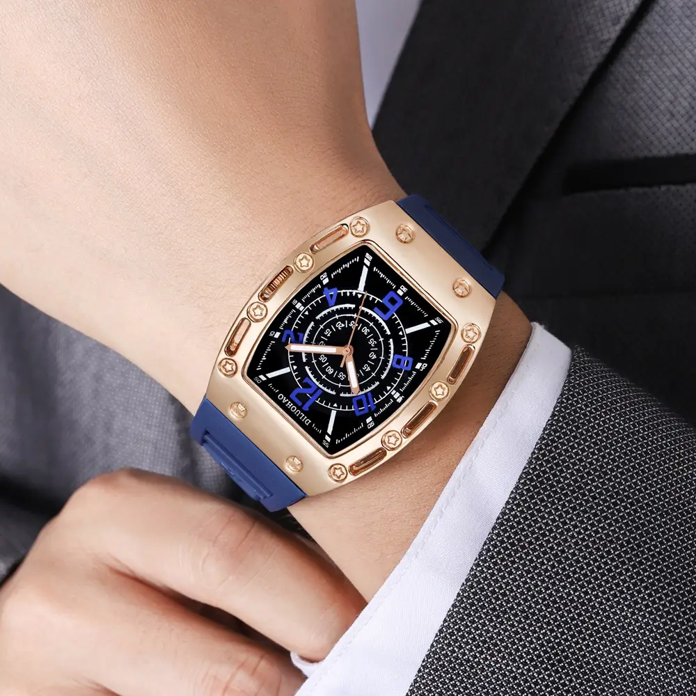 Luxury Quartz Men's Watch Set with Gold, Blue & Brown Silicone Bands — feature 7