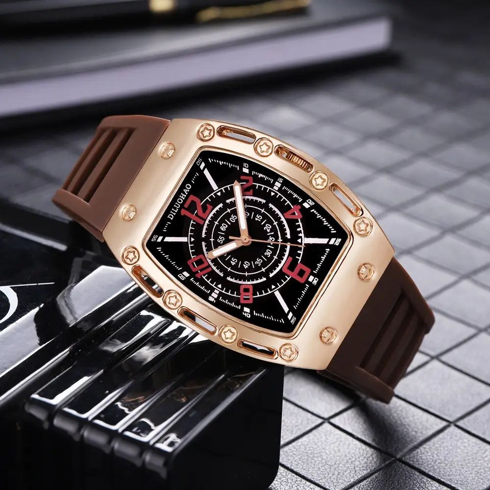 Luxury Quartz Men's Watch Set with Gold, Blue & Brown Silicone Bands