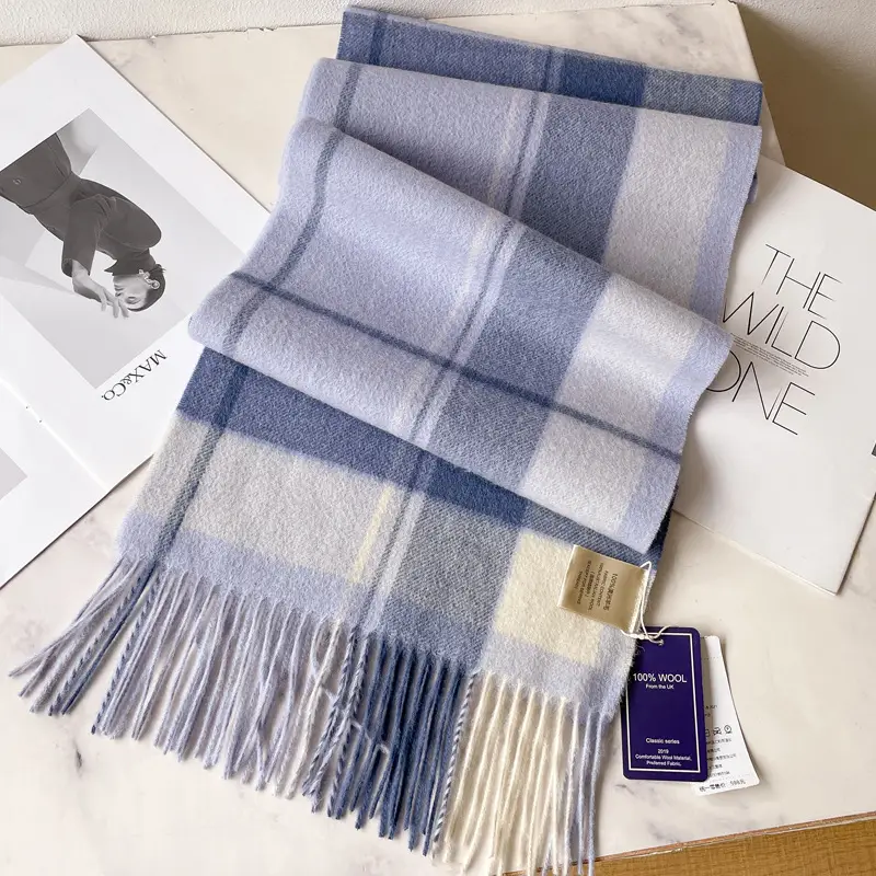 100% Wool Plaid Scarf for Men Winter Dark Blue - Image 32