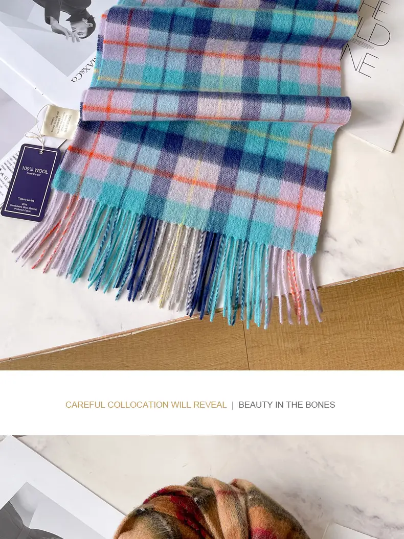 100% Wool Plaid Scarf for Men Winter Dark Blue β feature 12