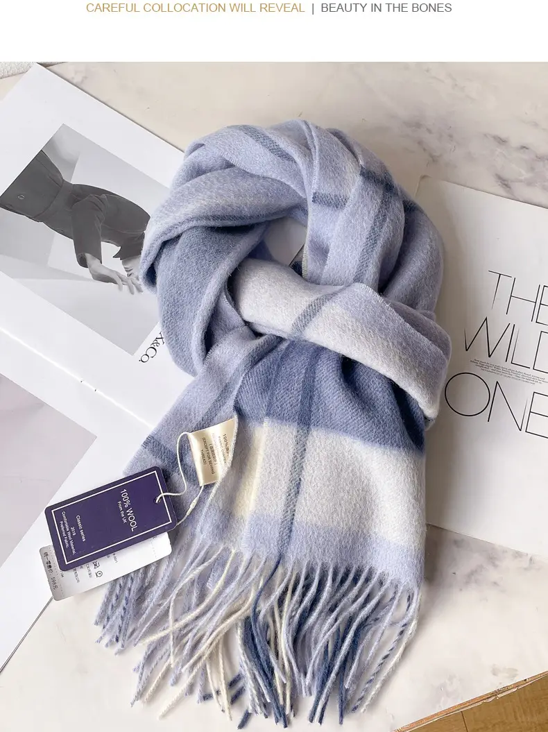 100% Wool Plaid Scarf for Men Winter Dark Blue β feature 15