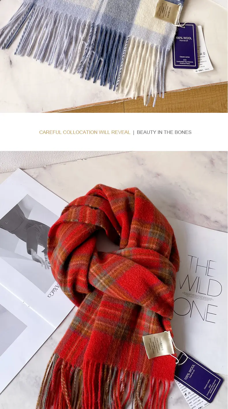 100% Wool Plaid Scarf for Men Winter Dark Blue β feature 17