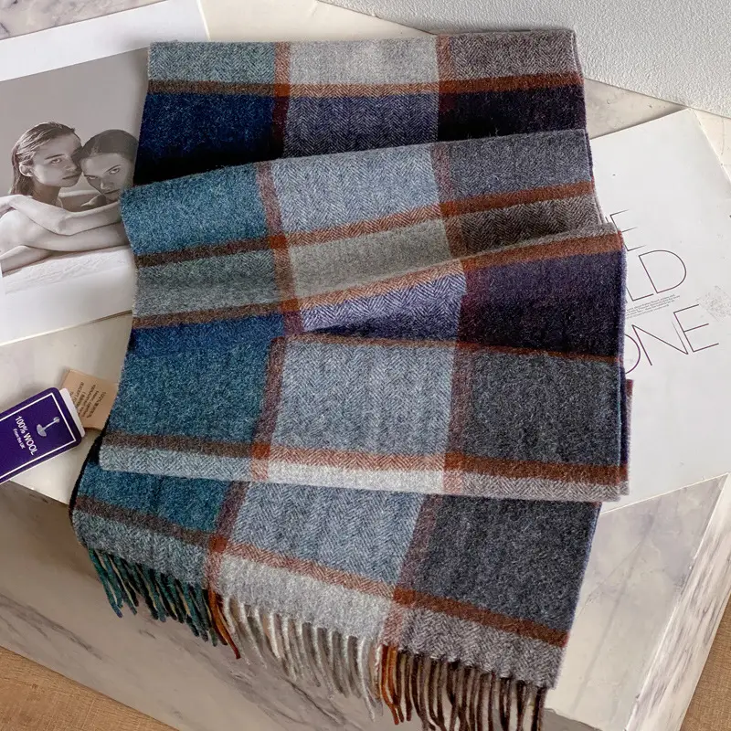100% Wool Plaid Scarf for Men Winter Dark Blue - Image 14