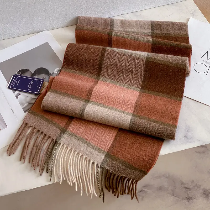 100% Wool Plaid Scarf for Men Winter Dark Blue - Image 15