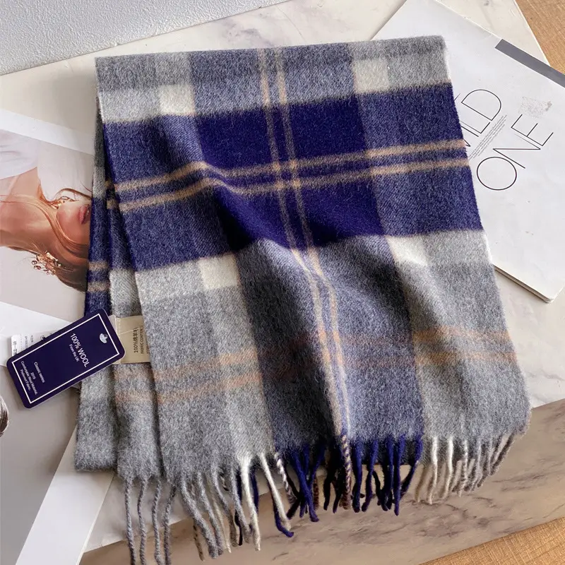 100% Wool Plaid Scarf for Men Winter Dark Blue - Image 24