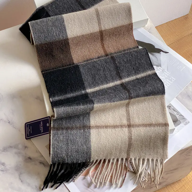 100% Wool Plaid Scarf for Men Winter Dark Blue - Image 25
