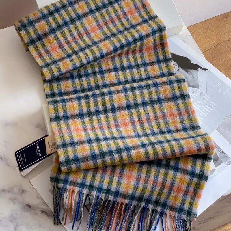 100% Wool Plaid Scarf for Men Winter Dark Blue - Image 26