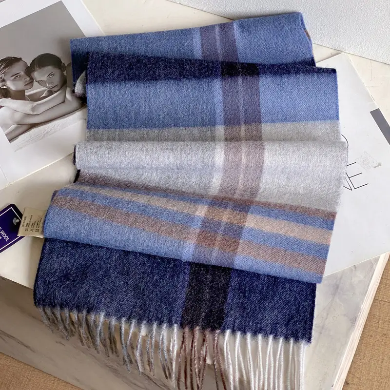 100% Wool Plaid Scarf for Men Winter Dark Blue - Image 27