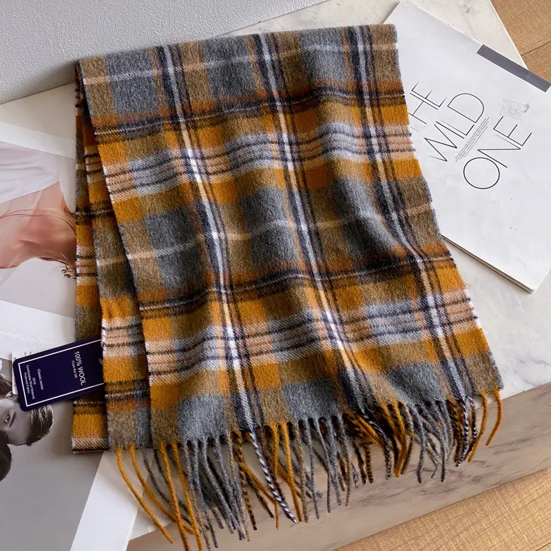100% Wool Plaid Scarf for Men Winter Dark Blue - Image 28