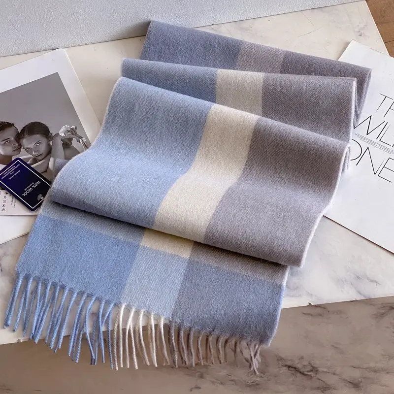 100% Wool Plaid Scarf for Men Winter Dark Blue - Image 30