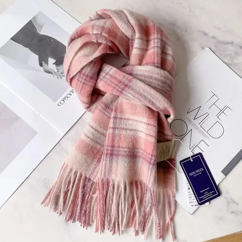 100% Wool Plaid Scarf for Men Winter Dark Blue