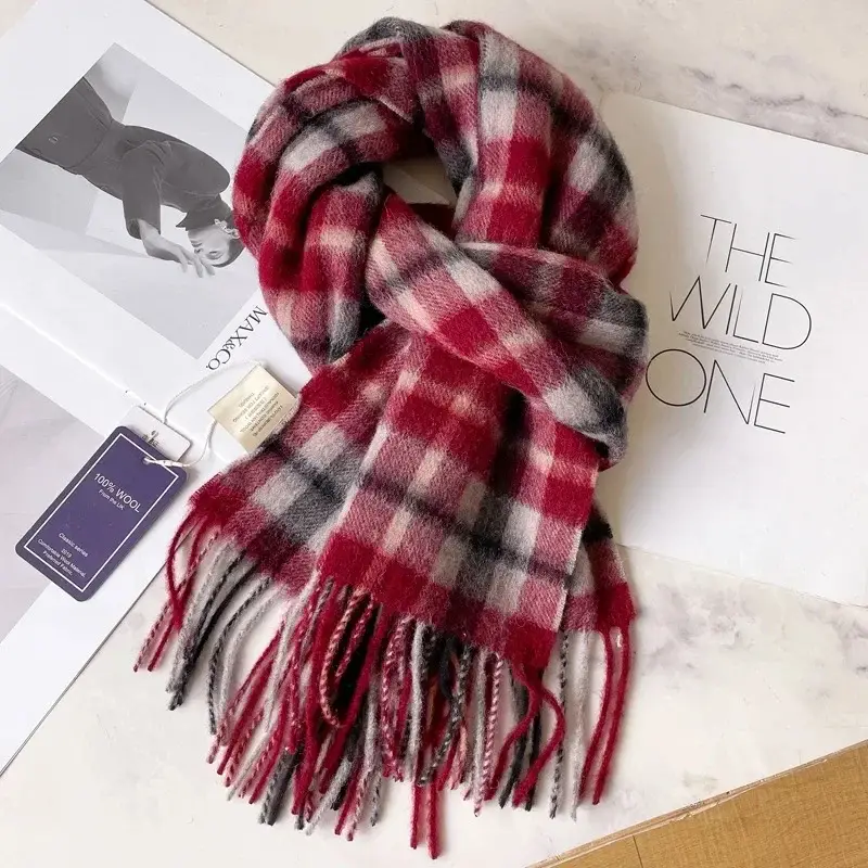 100% Wool Plaid Scarf for Men Winter Dark Blue - Image 9