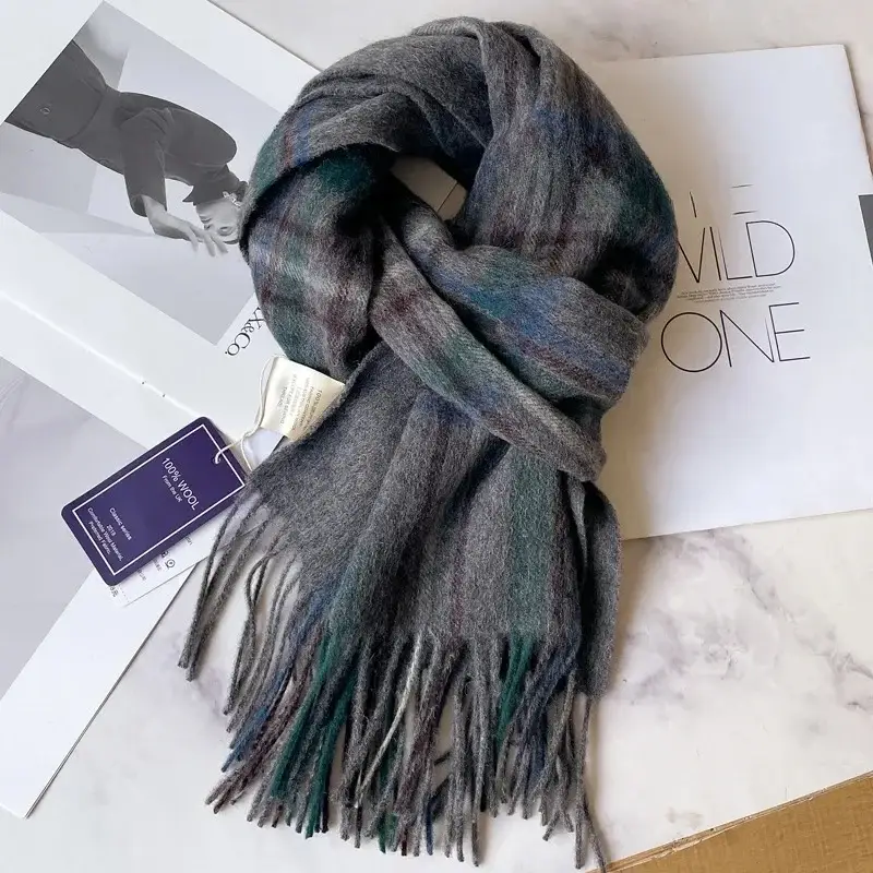 100% Wool Plaid Scarf for Men Winter Dark Blue - Image 11