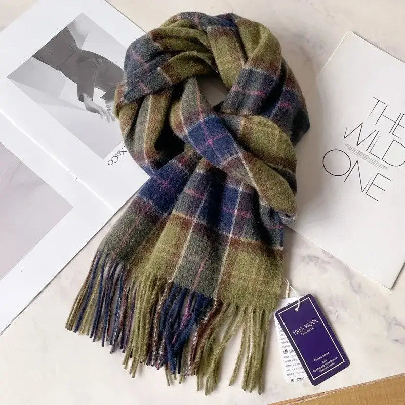 100% Wool Plaid Scarf for Men Winter Dark Blue - Image 2