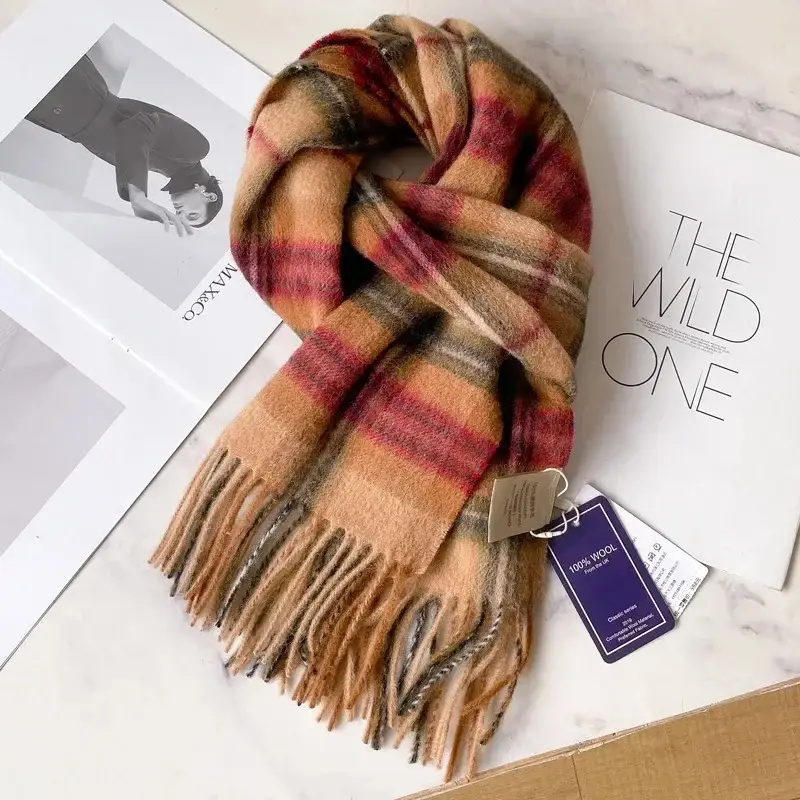 100% Wool Plaid Scarf for Men Winter Dark Blue - Image 3