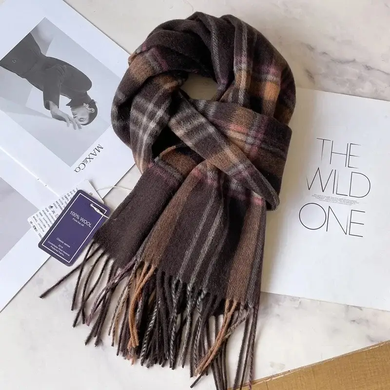100% Wool Plaid Scarf for Men Winter Dark Blue - Image 4