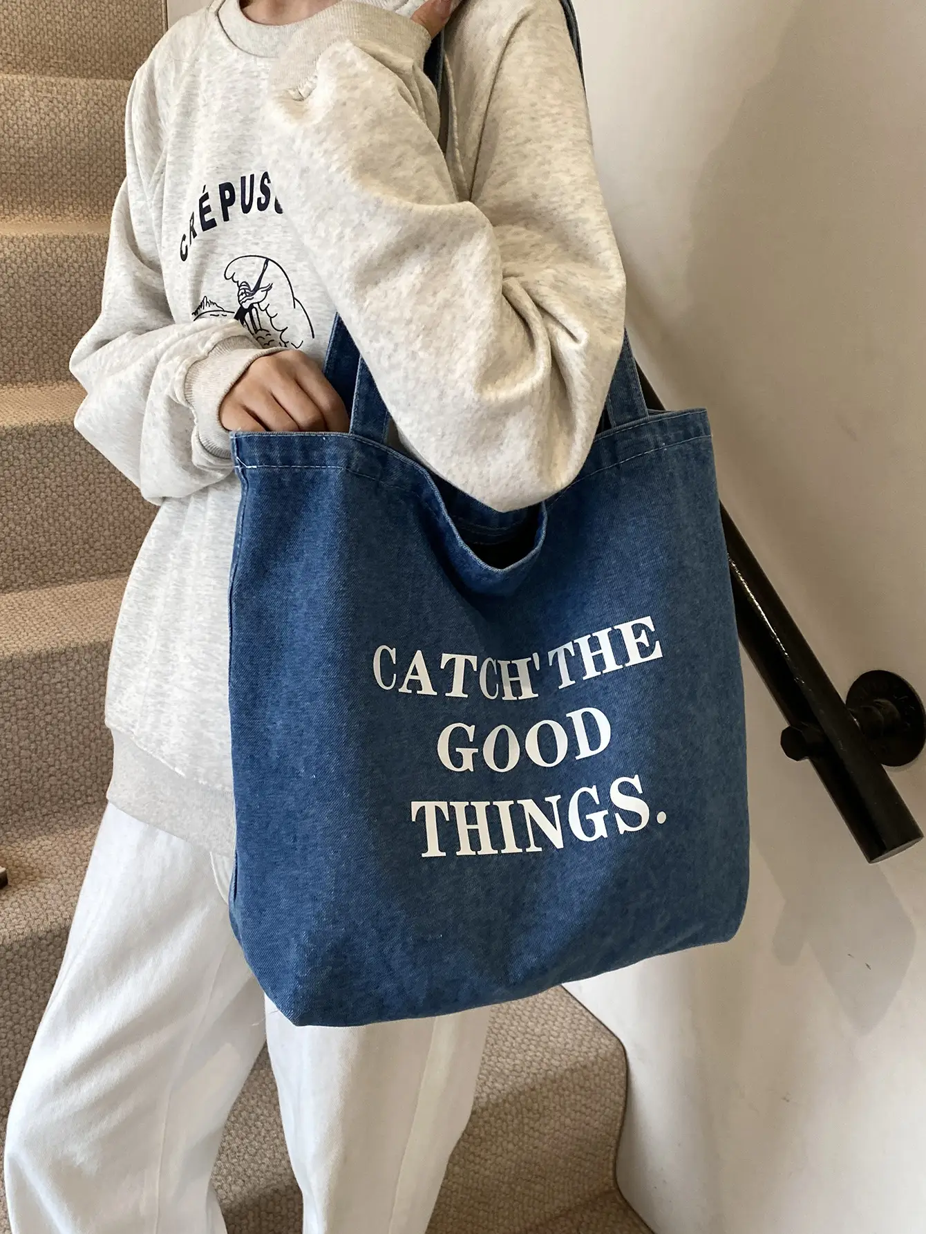 Denim Tote Bag "Catch The Good Things" Black Women - Image 4